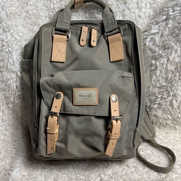 Himawari Laptop backpack Gray canvas tan faux leather straps . - Picture 3 of 10